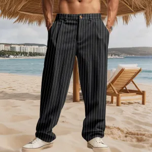 Men'S Fashion Casual Spring And Autumn Summer Thin Stripe Linen Zipper Straight Pants