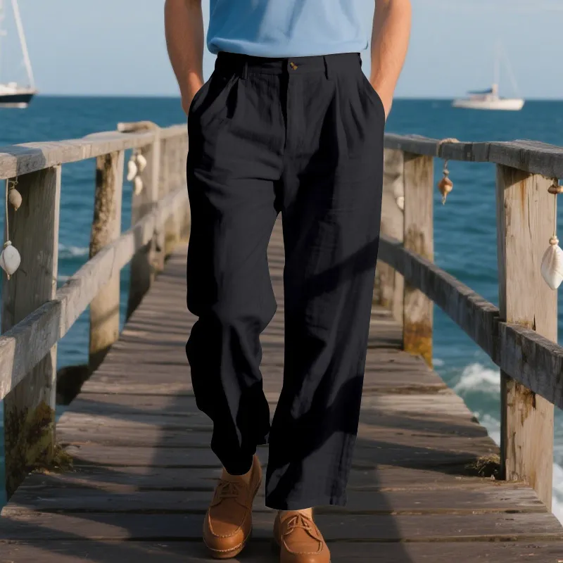 Men'S Fashion Casual Autumn Linen Solid Color Loose Straight Pants