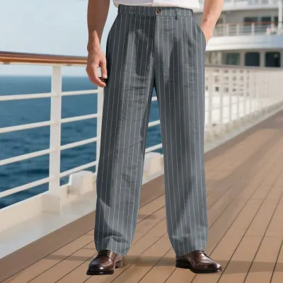 Men'S Fashion Casual Autumn And Winter Linen Stripe Loose Breathable Straight Pants