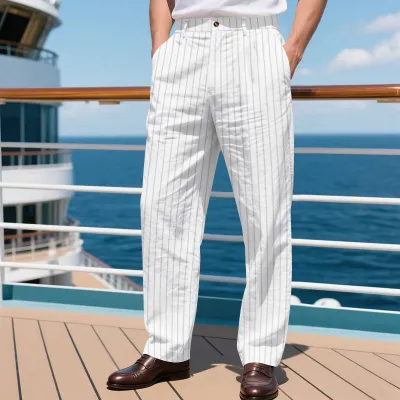 Men'S Fashion Casual Autumn And Winter Linen Stripe Loose Breathable Straight Pants