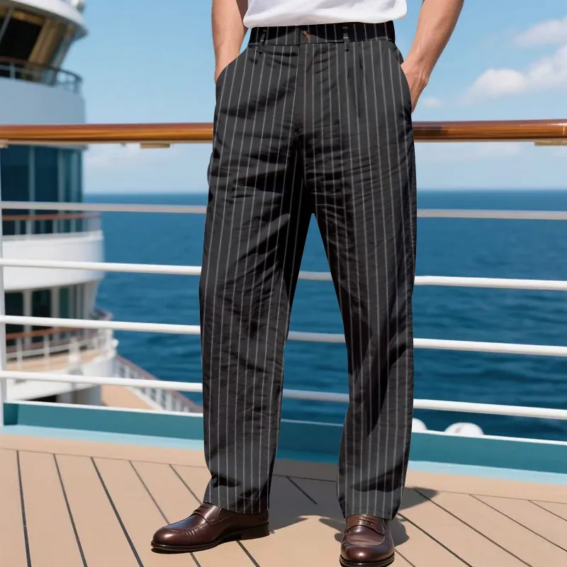 Men'S Fashion Casual Autumn And Winter Linen Stripe Loose Breathable Straight Pants