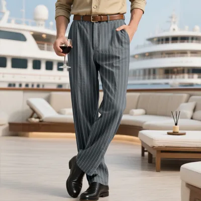Men'S Fashion Casual Spring And Autumn Vertical Striped Linen Straight-Leg Pants