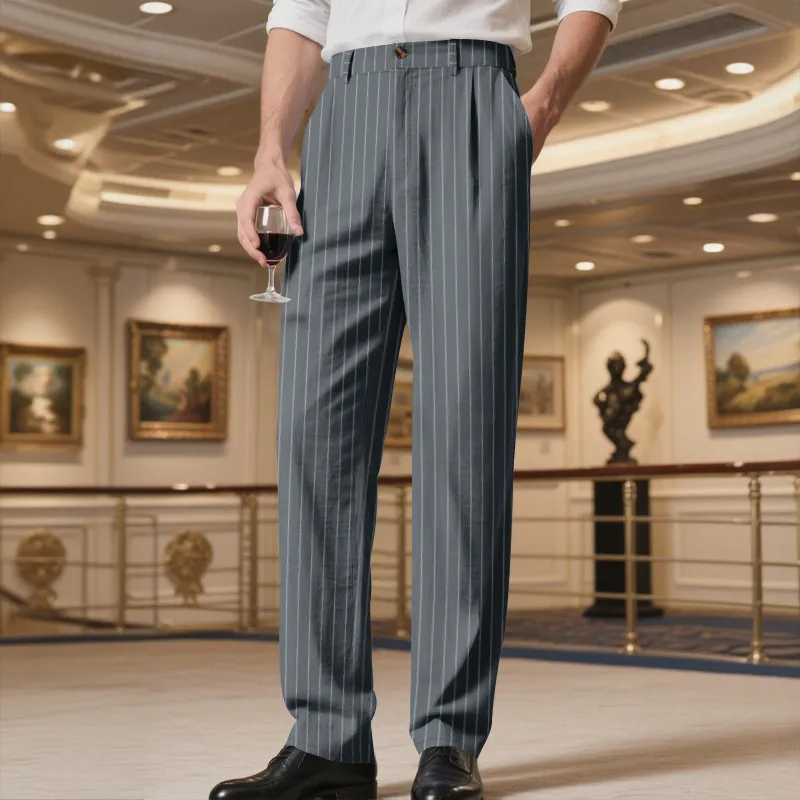 Men'S Fashion Casual Spring And Autumn Vertical Striped Linen Straight-Leg Pants