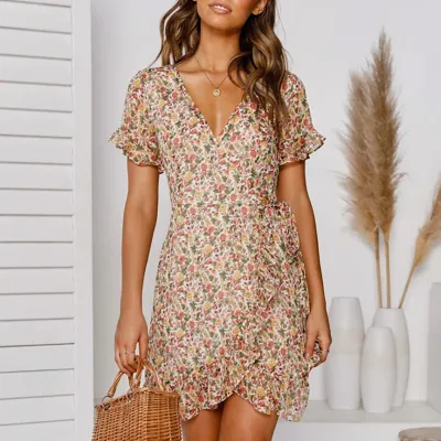 Women Casual Tiny Flower Print V-Neck Lace-Up Floral Dress