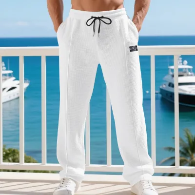 Men'S Fashion Casual Summer Solid Color Wafflet Texture Loose Breathable Straight Pants