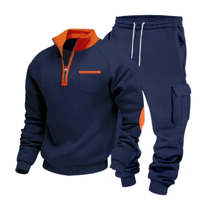 Men'S Fashion Casual Winter Stand Collar Zipper Long-Sleeve Sweatshirt Pockets Cargo Pants Two-Piece Set