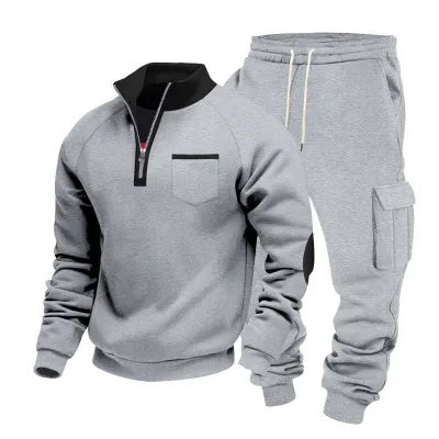 Men'S Fashion Casual Winter Stand Collar Zipper Long-Sleeve Sweatshirt Pockets Cargo Pants Two-Piece Set