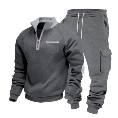 Men'S Fashion Casual Winter Stand Collar Zipper Long-Sleeve Sweatshirt Pockets Cargo Pants Two-Piece Set