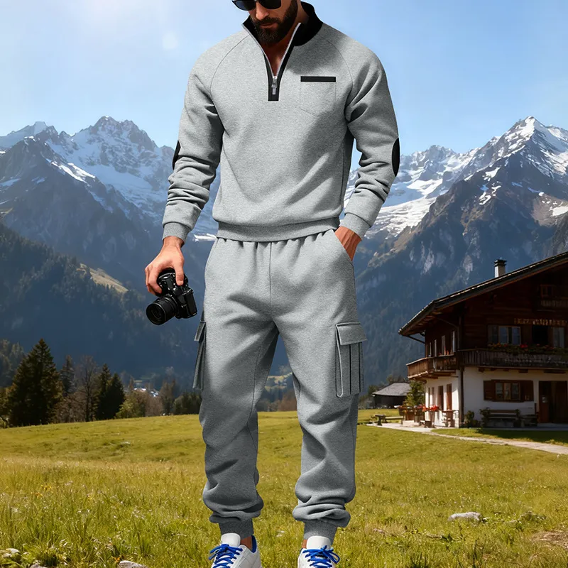 Men'S Fashion Casual Winter Stand Collar Zipper Long-Sleeve Sweatshirt Pockets Cargo Pants Two-Piece Set