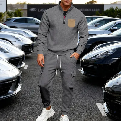 Men Fashion Casual Autumn And Winter Fleece-Added Collar Long-Sleeve Sweatshirt Workwear Pants Two-Piece Set