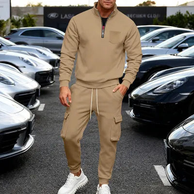 Men Fashion Casual Autumn And Winter Fleece-Added Collar Long-Sleeve Sweatshirt Workwear Pants Two-Piece Set