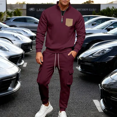 Men Fashion Casual Autumn And Winter Fleece-Added Collar Long-Sleeve Sweatshirt Workwear Pants Two-Piece Set