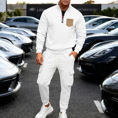 Men Fashion Casual Autumn And Winter Fleece-Added Collar Long-Sleeve Sweatshirt Workwear Pants Two-Piece Set