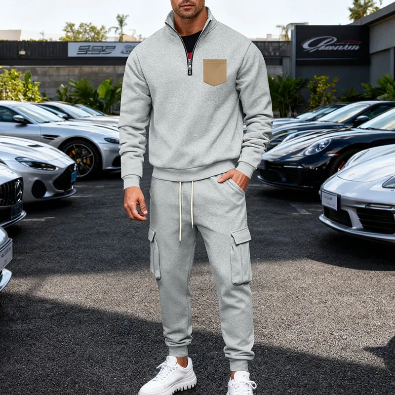 Men Fashion Casual Autumn And Winter Fleece-Added Collar Long-Sleeve Sweatshirt Workwear Pants Two-Piece Set