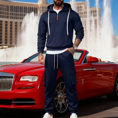 Men'S Fashion Casual Winter Solid Color Long-Sleeve Zipper Hoodies Loose Workwear Pants Two-Piece Set