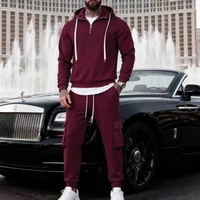 Men'S Fashion Casual Winter Solid Color Long-Sleeve Zipper Hoodies Loose Workwear Pants Two-Piece Set