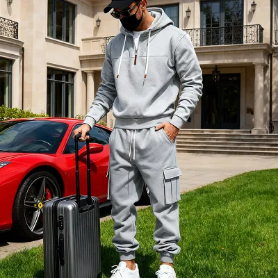 Men'S Fashion Casual Winter Solid Color Long-Sleeve Zipper Hoodies Loose Workwear Pants Two-Piece Set
