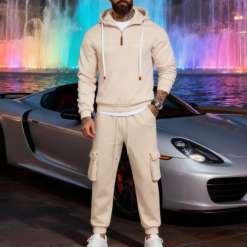 Men'S Fashion Casual Winter Solid Color Long-Sleeve Zipper Hoodies Loose Workwear Pants Two-Piece Set