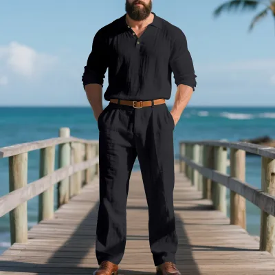 Men Fashion Casual Autumn Solid Color Linen Long Sleeve Polo Shirt Loose Pants Two-Piece Set