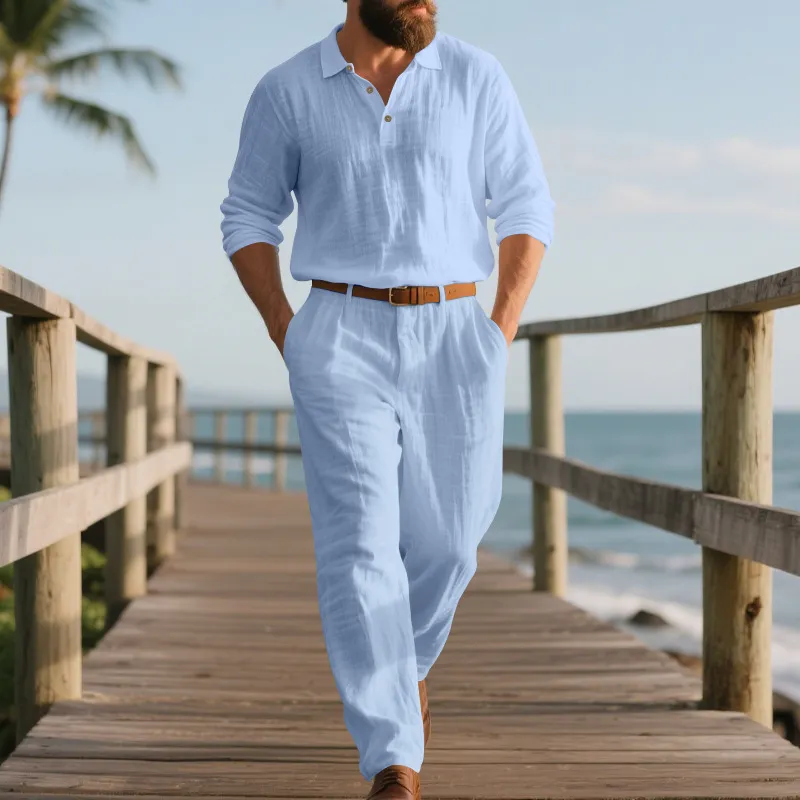 Men Fashion Casual Autumn Solid Color Linen Long Sleeve Polo Shirt Loose Pants Two-Piece Set