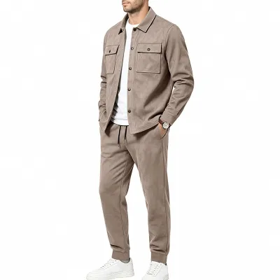 Men'S Fashion Causal Autumn Solid Color Lapel Long-Sleeve Jacket Loose Pants Two-Piece Set