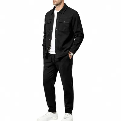 Men'S Fashion Causal Autumn Solid Color Lapel Long-Sleeve Jacket Loose Pants Two-Piece Set