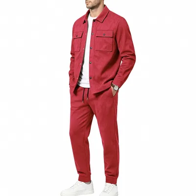 Men'S Fashion Causal Autumn Solid Color Lapel Long-Sleeve Jacket Loose Pants Two-Piece Set