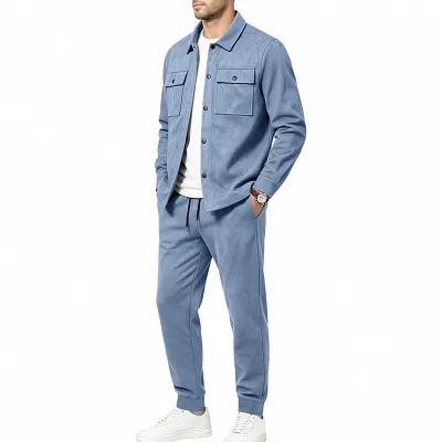 Men'S Fashion Causal Autumn Solid Color Lapel Long-Sleeve Jacket Loose Pants Two-Piece Set