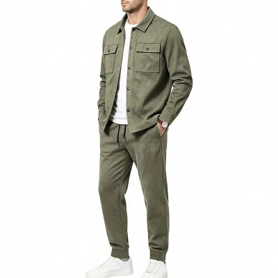 Men'S Fashion Causal Autumn Solid Color Lapel Long-Sleeve Jacket Loose Pants Two-Piece Set