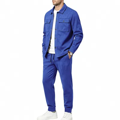 Men'S Fashion Causal Autumn Solid Color Lapel Long-Sleeve Jacket Loose Pants Two-Piece Set