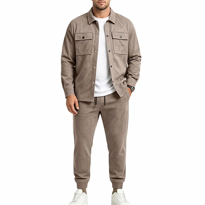 Men'S Fashion Causal Autumn Solid Color Lapel Long-Sleeve Jacket Loose Pants Two-Piece Set