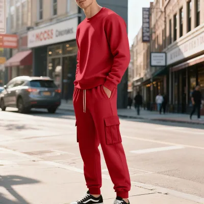 Men'S Fashion Casual Autumn And Winter Solid Color Long Sleeve Sweatshirt Loose Pockets Pants Two-Piece Set