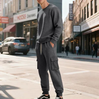 Men'S Fashion Casual Autumn And Winter Solid Color Long Sleeve Sweatshirt Loose Pockets Pants Two-Piece Set