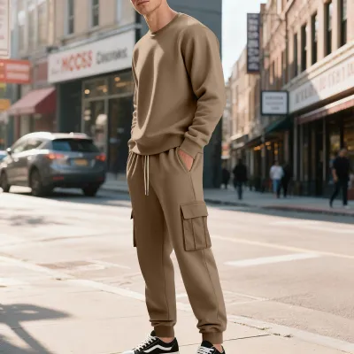 Men'S Fashion Casual Autumn And Winter Solid Color Long Sleeve Sweatshirt Loose Pockets Pants Two-Piece Set