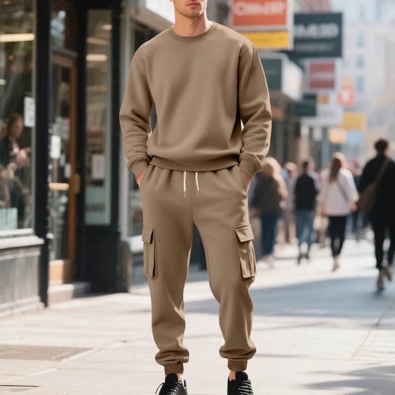 Men'S Fashion Casual Autumn And Winter Solid Color Long Sleeve Sweatshirt Loose Pockets Pants Two-Piece Set