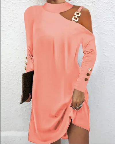 Autumn Women Simple Solid Color Metal Button Long Sleeve Dress