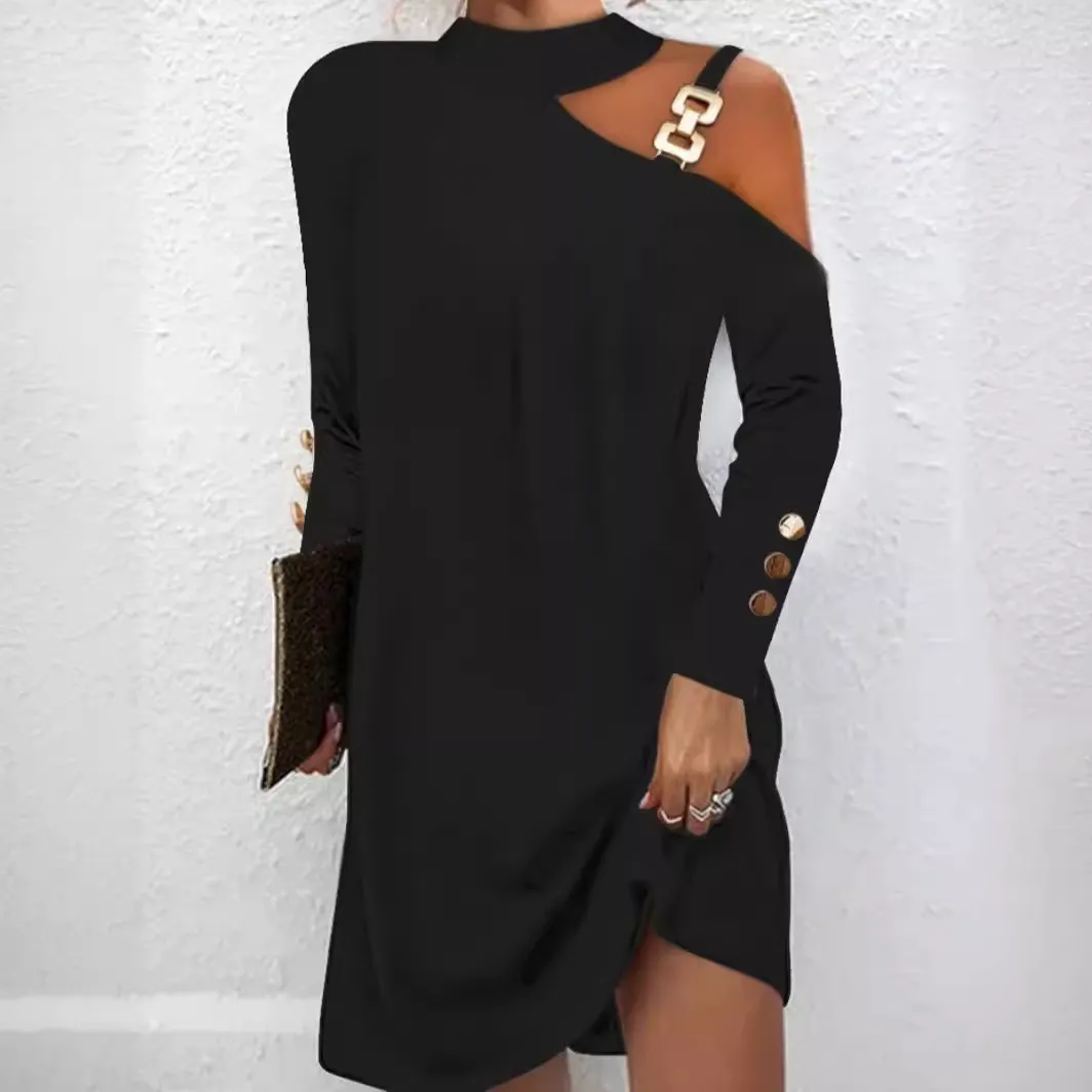 Autumn Women Simple Solid Color Metal Button Long Sleeve Dress