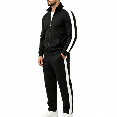 Men'S Fashion Casual Autumn Color Block Zipper Collar Jacket Loose Pants Two-Piece Set