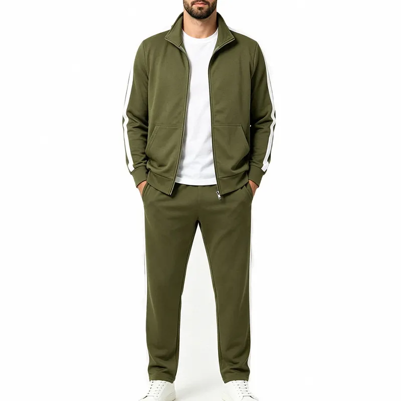 Men'S Fashion Casual Autumn Color Block Zipper Collar Jacket Loose Pants Two-Piece Set