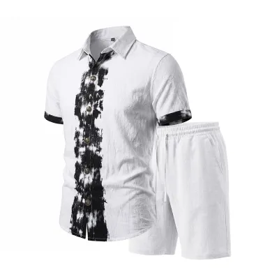 Men'S Fashion Casual Summer Linen Printed Thin Short-Sleeve Shirt Loose Shorts Two-Piece Set