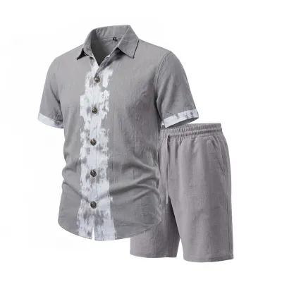 Men'S Fashion Casual Summer Linen Printed Thin Short-Sleeve Shirt Loose Shorts Two-Piece Set