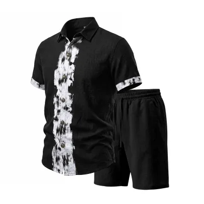 Men'S Fashion Casual Summer Linen Printed Thin Short-Sleeve Shirt Loose Shorts Two-Piece Set