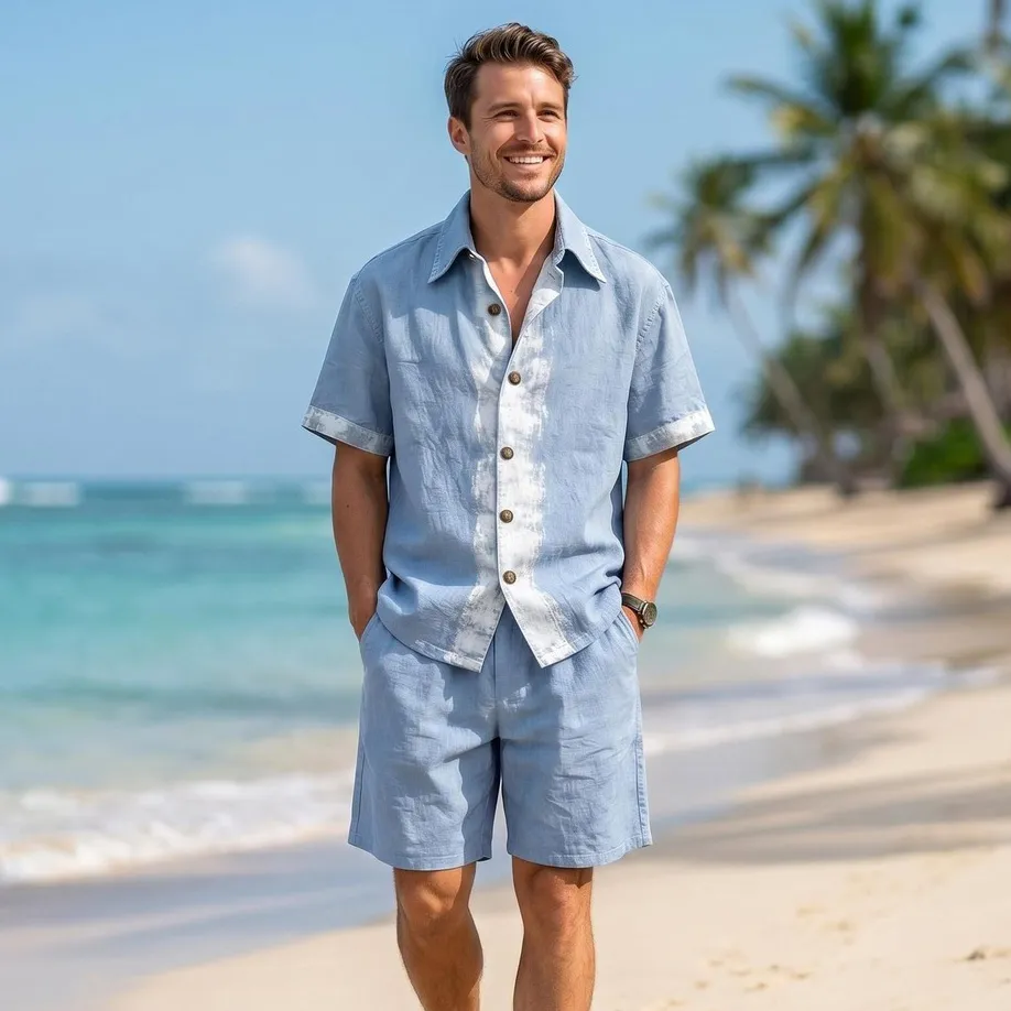 Men'S Fashion Casual Summer Linen Printed Thin Short-Sleeve Shirt Loose Shorts Two-Piece Set