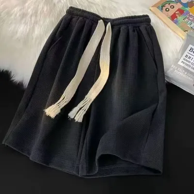 Men Fashion Casual Summer Solid Color Waffle Thin Loose Shorts
