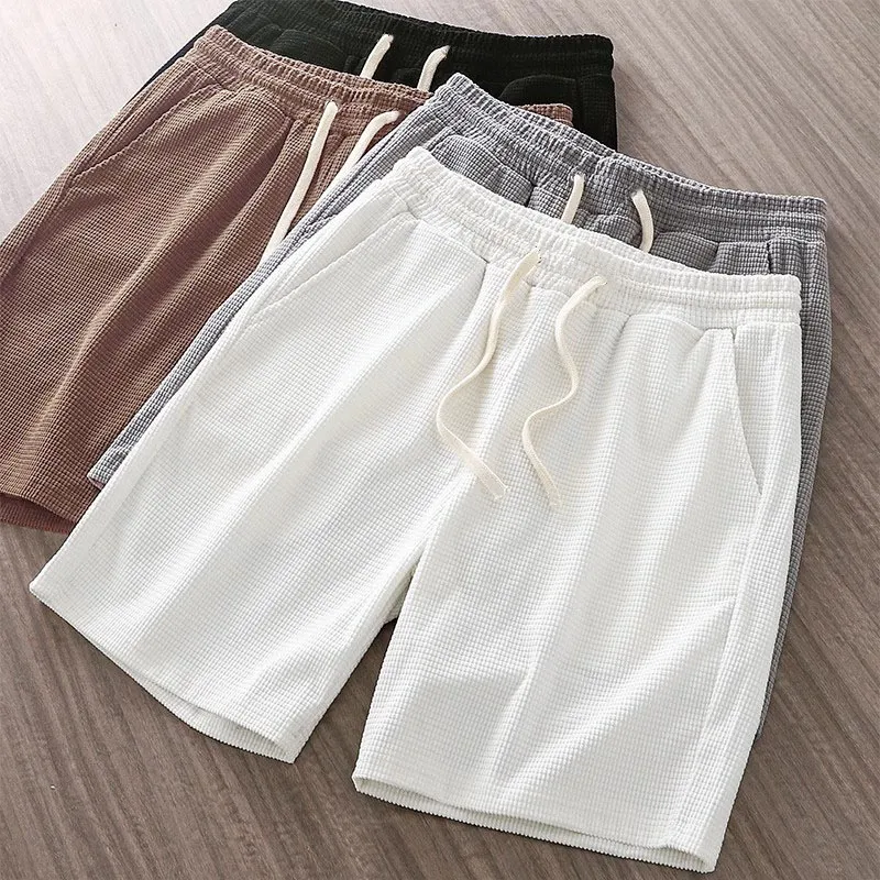 Men'S Fashion Casual Summer Solid Color Wafflettes Loose Shorts