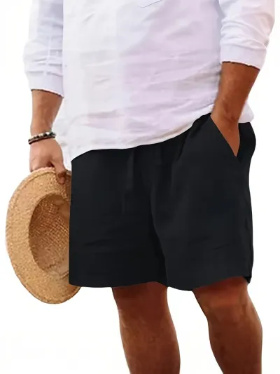 Men Fashion Casual Summer Solid Color Linen Breathable Drawstring Straight Shorts