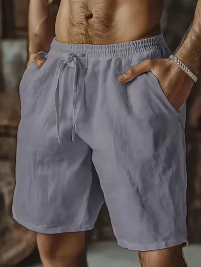 Men Fashion Casual Summer Solid Color Linen Breathable Drawstring Straight Shorts