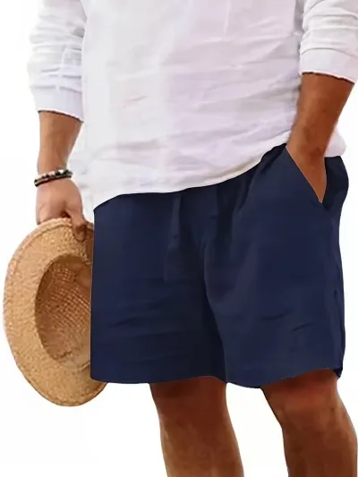 Men Fashion Casual Summer Solid Color Linen Breathable Drawstring Straight Shorts