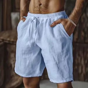 Men Fashion Casual Summer Solid Color Linen Breathable Drawstring Straight Shorts