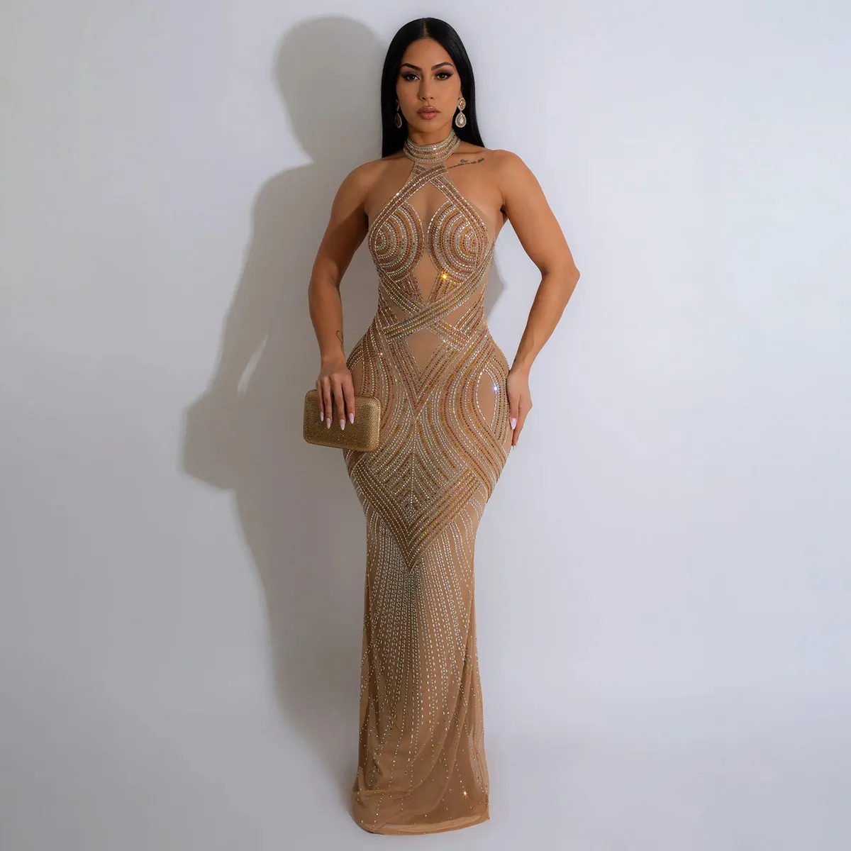 Women'S Fashion Sexy Solid Color Mesh Rhinestone Halter-Neck Backless Party Dress